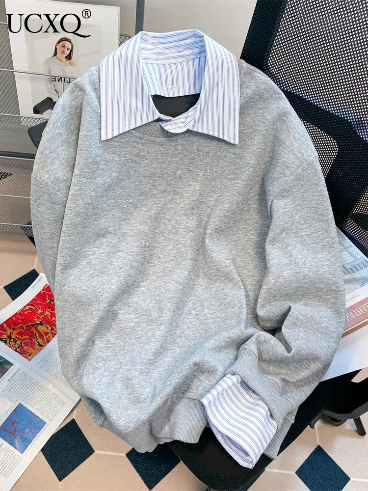 

UCXQ Striped Design Patchwork Shirt For Women Long Sleeve Fake Two-piece Loose Fashion Pullovers 2023 Autumn Winter New 23A5165