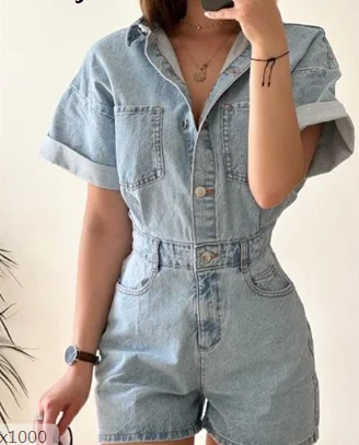 

New Pocket Denim Short Jumpsuit Women Y2K Sexy Short Sleeve Slim Bodycon Ropa Jumpsuits Female Summer Lapel Overalls Streetwear