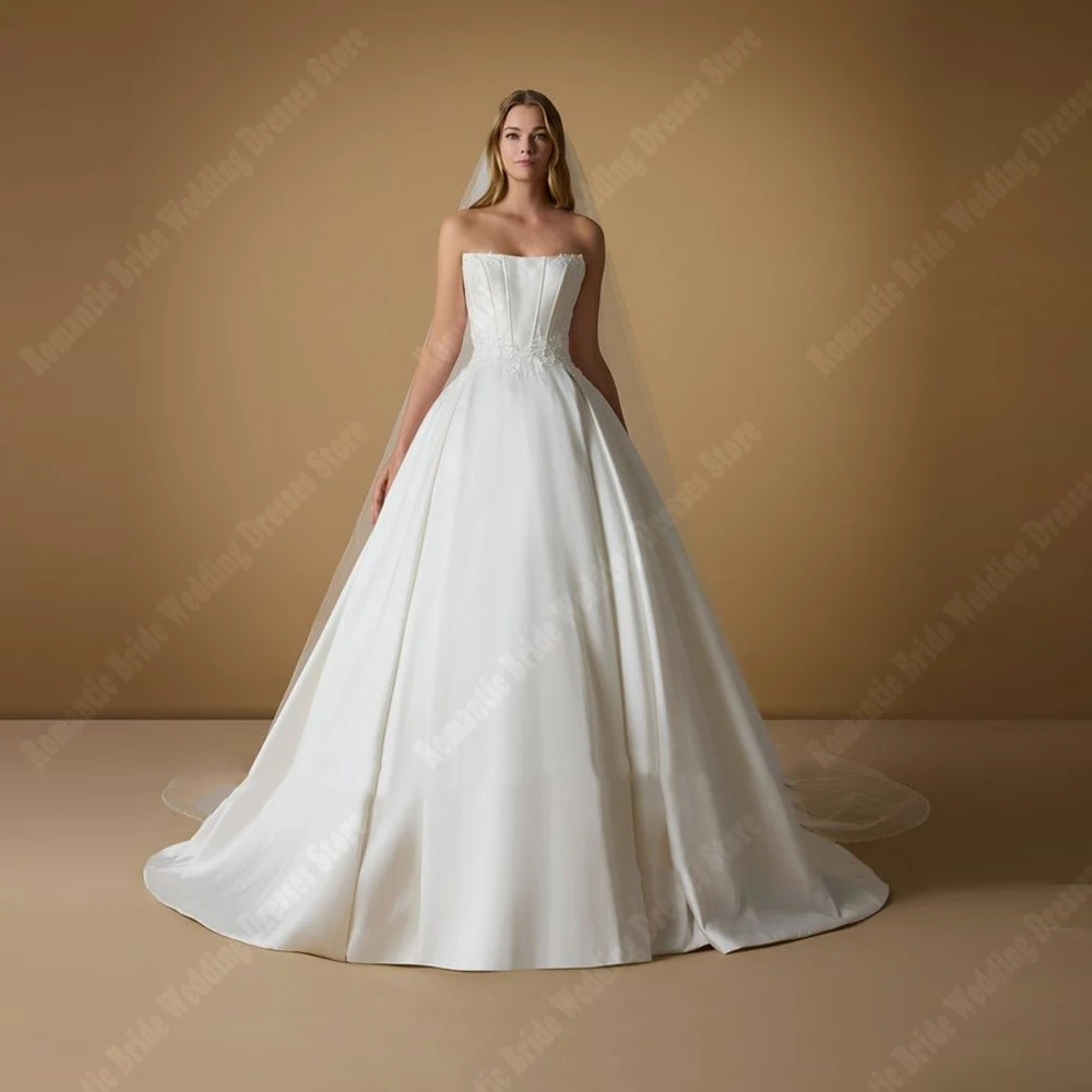 A-Line Women Wedding Dresses Bright Satin Bridal Gowns Mopping Length Sleeveless Princess Customized