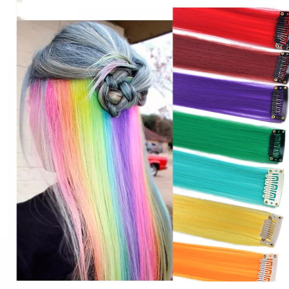 kamp reservoir Puur Synthetische Een Clip In Hair Extensions Lange Rechte Regenboog Kleuren  Clip In Hair Extensions Voor Vrouwen Haar Stuk Blauw Roze| | - AliExpress