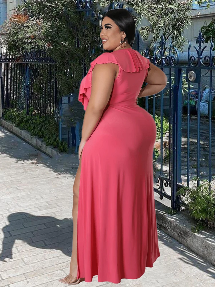 Elegant Dresses for Women Summer Maxi Dress with Slit Ruffled V Neck Sexy Ladies Plus Size Dresses Wholesale Bulk Dropshipping
