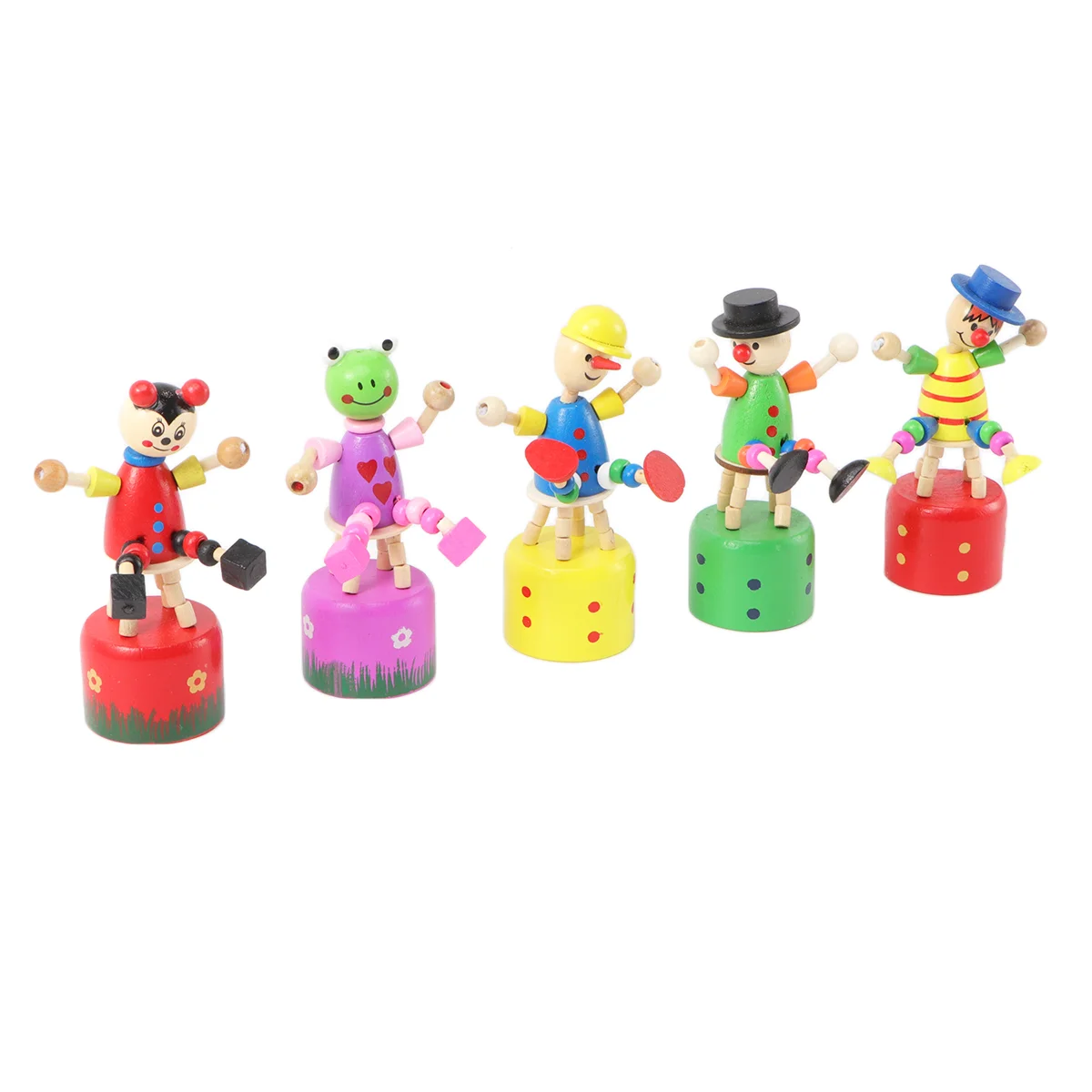 

5pcs Wooden Push Finger Puppets Thumb Press Base Wooden Clown Puppets for Home Office Desk Decoration