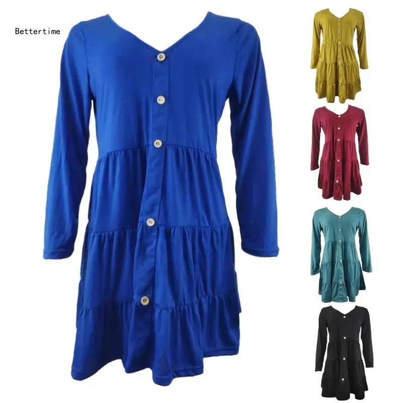 

B36D Versatile V Neck Long Sleeve Dress with Buttoned Pleats for Women Flowy Summer Dresses