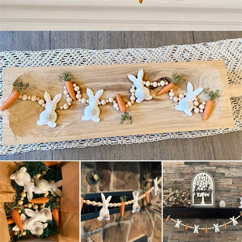 Easter Rabbit Carrot Garlands Wooden Beads Rabbit Hanging Ornaments Home Decor Accessories Holiday Props Supplies Kids Favors 2