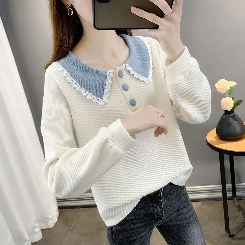 

Sweet Fashion Peter Pan Collar Loose Long Sleeve Sweaters Women's Clothing All-match Lace Cut Solid Color Knitted Jumpers Female