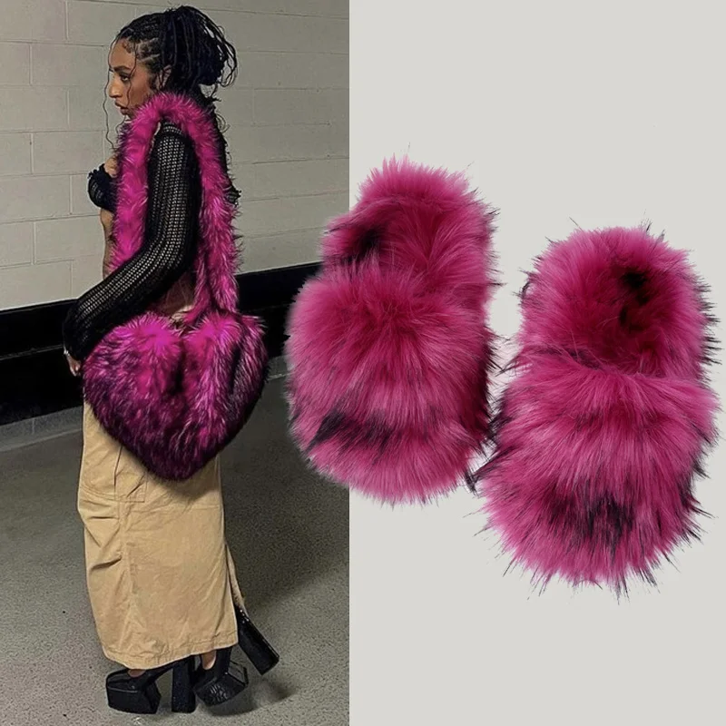 Luxury Fluffy Faux Fur Heart Shape Bag With Slippers For Women Raccoon Brown Teddy Bear Fox Fur Slides Heart Bag Sets Girls