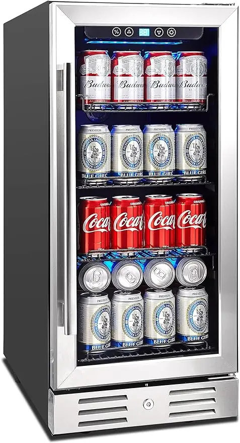 Freestanding - 96 Cans Capacity Mini Fridge- for Soda, Water, Beer or Wine - For Kitchen or Bar with Blue Interior Light