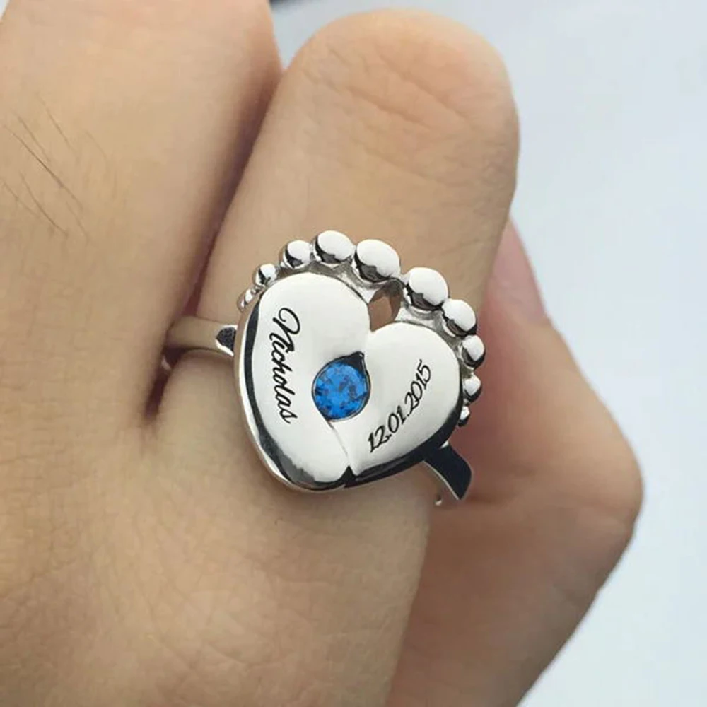 Personalized Baby Feet Engraved Name Birthstone Rings 925 Sterling