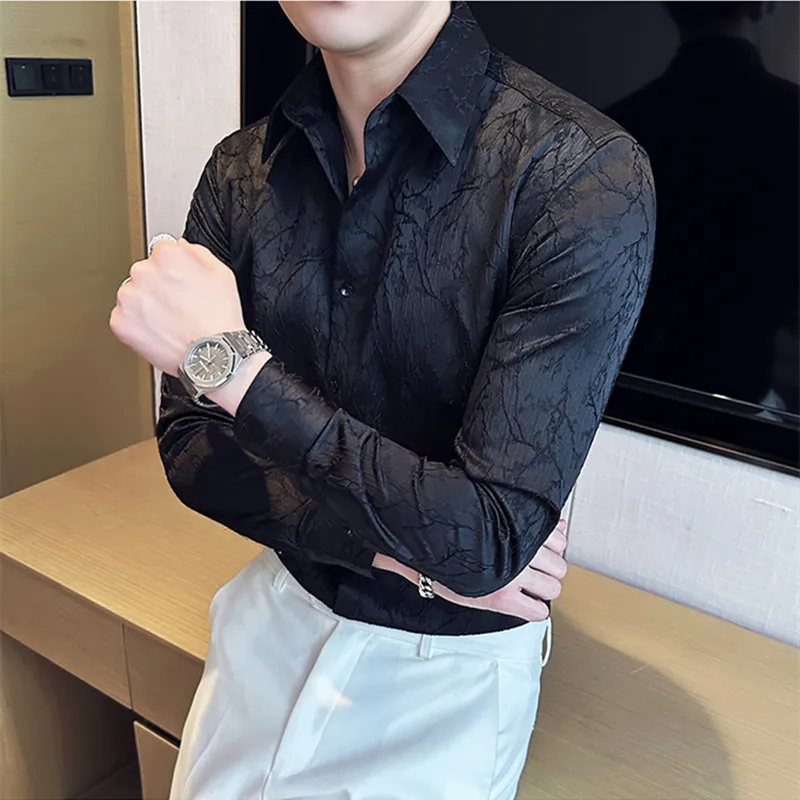 2023 Men Spring High Quality Jacquard Design Casual Long-sleeved Shirts/Male Slim Fit Lapel High Quality Business Shirt Homme