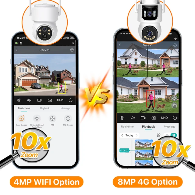 4G Solar Camera SIM Card 24/7 Recording 10X Zoom Three Screen Camera Built-in Battery 4MP WIFI Camera PIR Human Detect iCSee 4