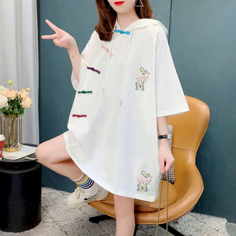 

Womens T Shirt Mid-length Hooded Short Sleeve T-shirt Summer 2022 New Korean Style Loose Half-sleeved Tshirt Woman Clothes Trend