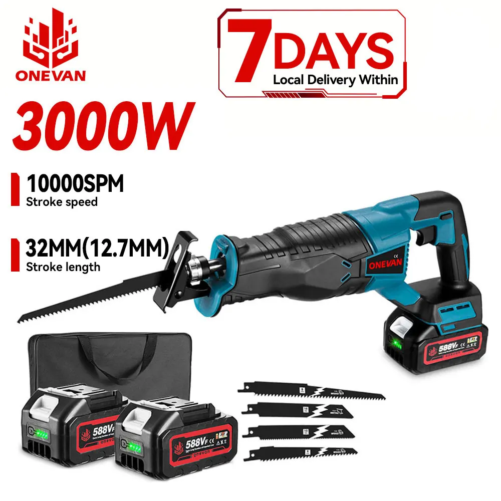 ONEVAN 3000W 10000SPM Cordless Electric Reciprocating Saw Wood Metal Pipe Cutting Electric Saw Chainsaw For Makita 18v Battery