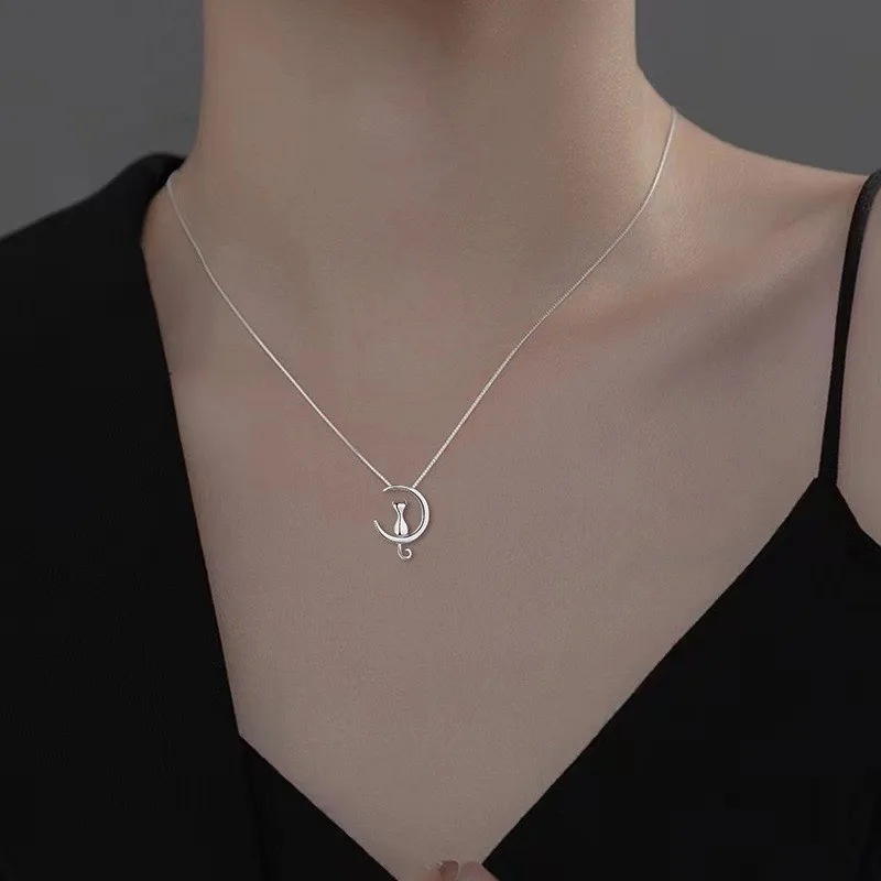 Pendant Necklace Silver Necklace Silver Pendant Silver Necklace Charms 925 Sterling Silver Moon Cat for Women Girl