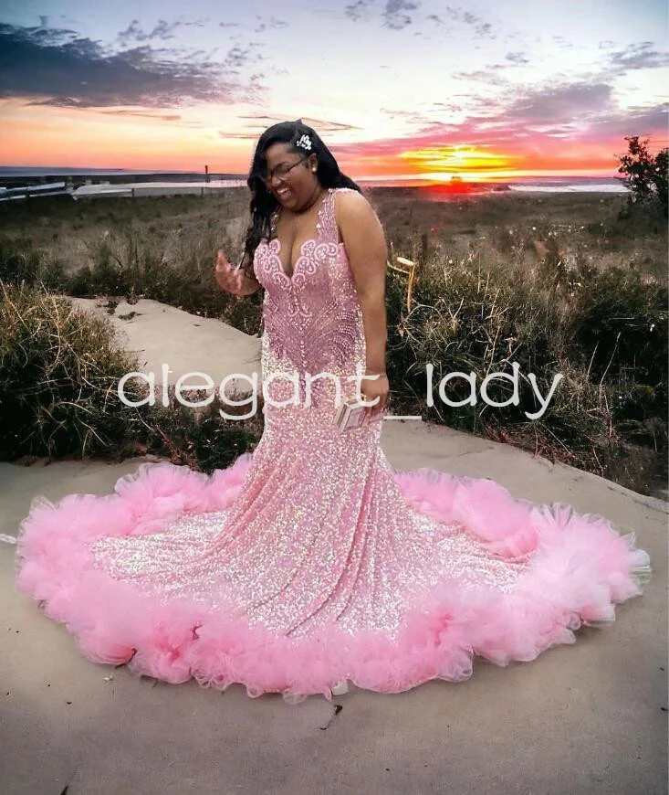 

Sparkly Pink Mermaid Long Evening Birthday Gala Dresses for Black Girl Plus Size Gillter Diamond Velvet Prom Gown 2024