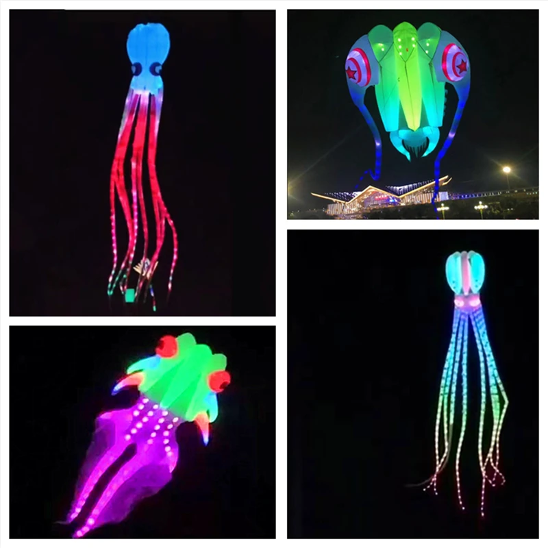 

free shipping 20m led octopus kites flying trilobites kite for adults kite string line windsurfing led fish kites with battery