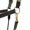 Horse turnout halter for outdoor use soft leather material black color triple-stitched durability and throat snap with adjustab