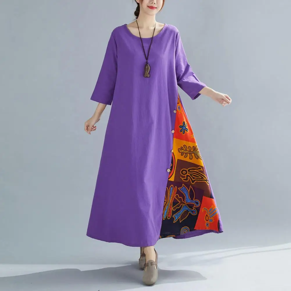 

Lightweight Maxi Dress Stylish Retro Printed Maxi Dress for Women Colorful Button Decor A-line Summer Dress with Three for A