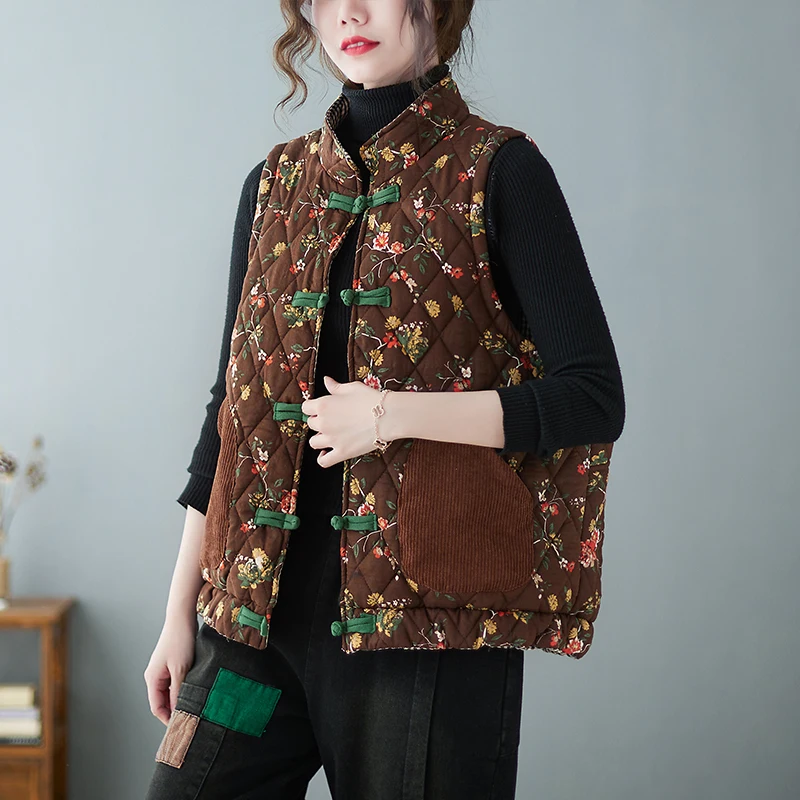 

Winter Vintage Maternity Loose Vest Jacket Chinese Style Fashion Printed Pregnant Woman Floral Cotton Coats Sleeveless Outerwear