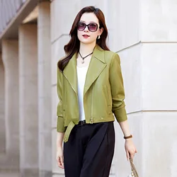 New Women Spring Autumn Short Leather Jacket Streetwear Fashion Suit Collar Long Sleeve Moto Outerwear Split Leather Coat