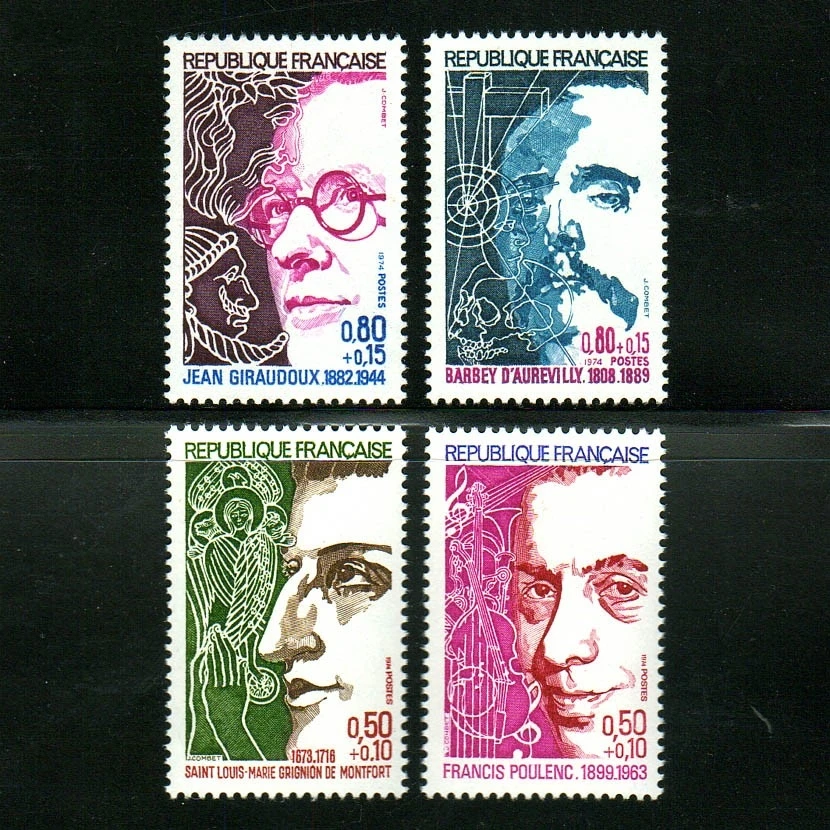 

4Pcs/Set New France Post Stamp 1974 Poets, Writers, Musicians Engraving Postage Stamps MNH