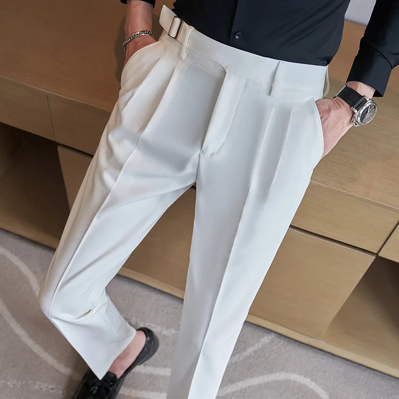 Autumn Winter Belt Decoration Business Dress Pants Men Slim Fit Office Social Casual Suit Pants Wedding Groom Trousers 2023