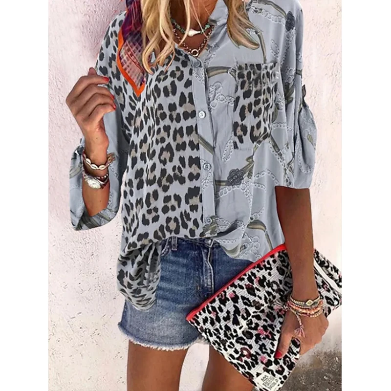 

Autumn Loose Leopard Print Women Shirt Office Large Size Blouses Long Sleeve V Neck Tops Casual Ladies Shopping Cardigan Blouse