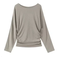 2026 new women's clothing style simple long sleeved round neck long sleeved slim fit side pleated T-shirt - Image 3