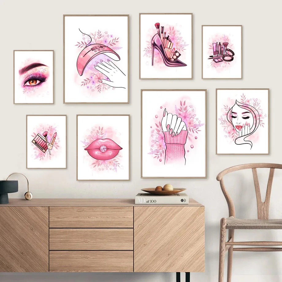 

Fashion Nails Woman Makeup Red Lips Spa Wall Art Print Canvas Painting Pink Nordic Poster Girl Gift Pictures Beauty Salon Decor