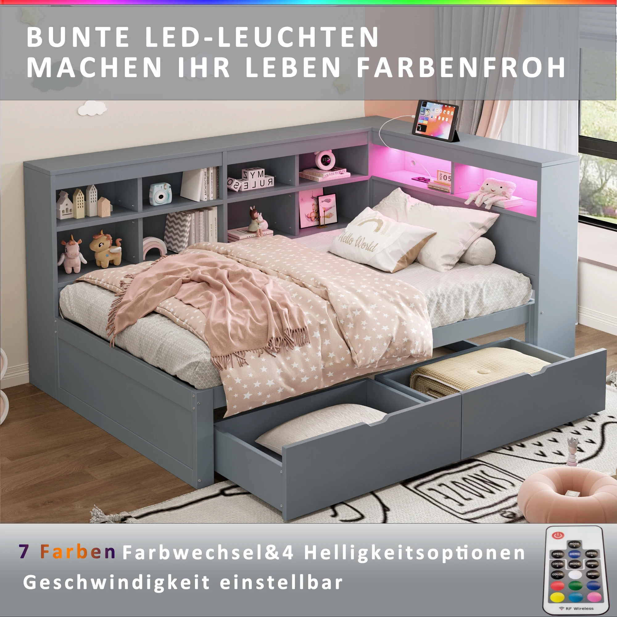 KOMHTOM Multifunktionales Einzelholzbett 90x200 cm mit Ablagefächern Regalen Bett mit USB Steckdose und LED Leiste – Detail 5