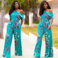 

2021 Women's Printed Jumpsuit Sexy Short Sleeve High Waist Slim Fit Wide Leg Pants Lace Up Loose Rompers Casual Jumpsuits