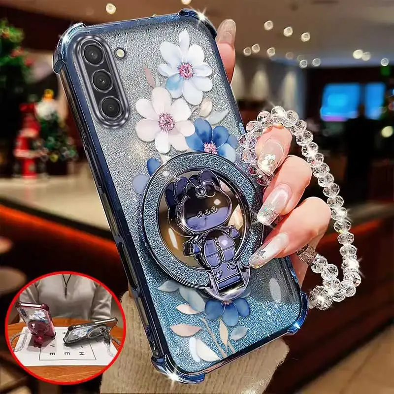 Attractive Flower Phone Case Set with Lanyard and Circular Stand - 3 Piece Set