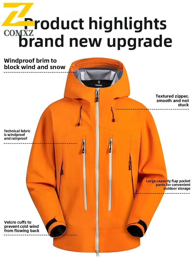 EiAO Hard Shell Jacket Men Women Waterproof Windproof Camping Travel Adventure Seam Sealed Outdoor Hiking Detachable Hood