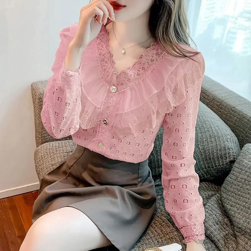 

Women Stretch V-collar Ruffles Long Sleeve Shirt Solid Color Lace T Ladies 2024 New Tops Fashion T768