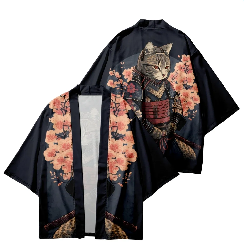 Plus Size Japanese Sakura  Samurai Print Kimono Streetwear Men Women Cardigan Harajuku Traditional Clothes Summer Beach Haori