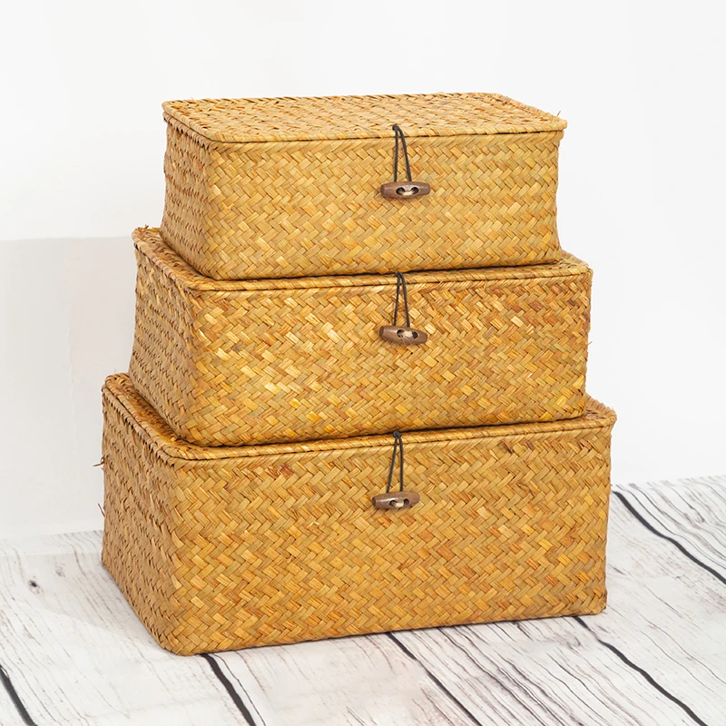 

3PCS Wicker Woven Storage Boxes with Lids Rattan Storage Finishing Basket Set Sundries Cosmetic Towel Bathroom Box Home Decor