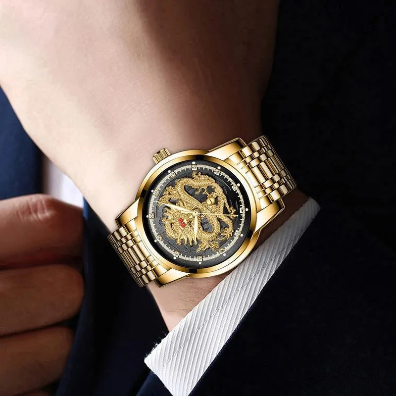 Men's Watch Steel Belt Luminous Diamond Inlaid Relief Golden Dragon Ruby Dragon Face Quartz Watch