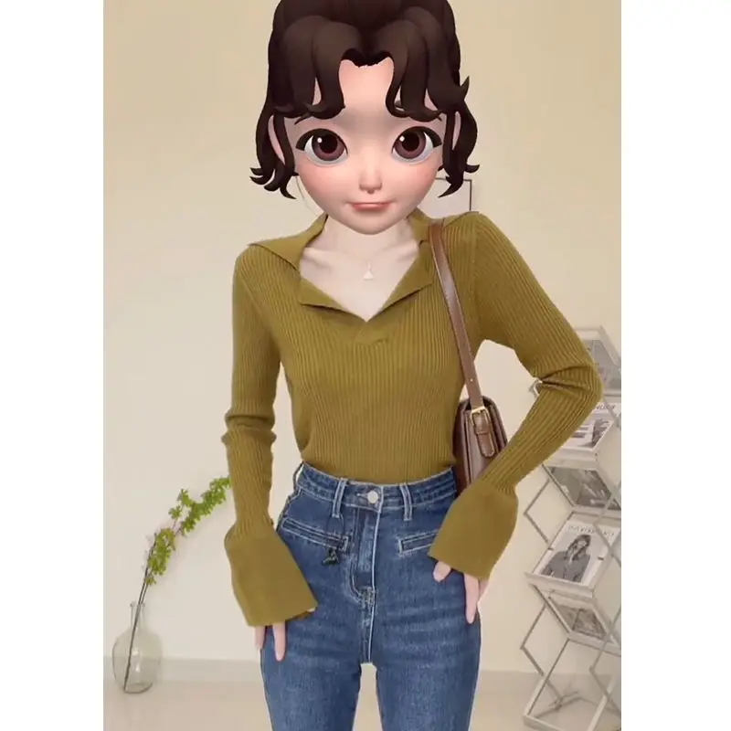 

Women Vintage Knitted Sweater Flared Long Sleeve V-neck Pullover Korean Chic Tops Slim Women's Clothing Designer Luxury Brands