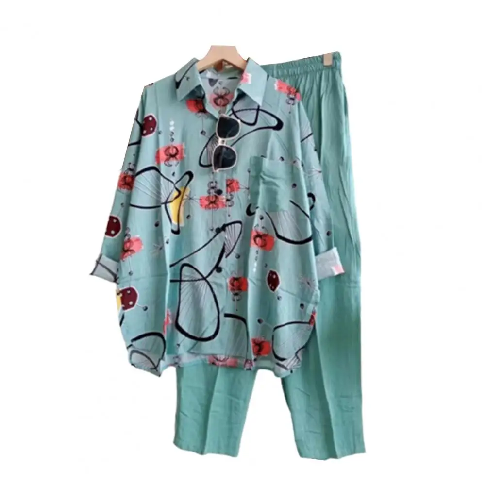 

Stylish Lady Shirt Pants Set Single-breasted Casual Women Shirt Pants Set Deep Crotch Summer Vacation Blouse Pants Suit