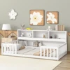 Twin Floor Bed with Bedside Bookcase,Shelves,Guardrails,White 2