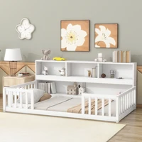 Twin Floor Bed with Bedside Bookcase,Shelves,Guardrails,White 2