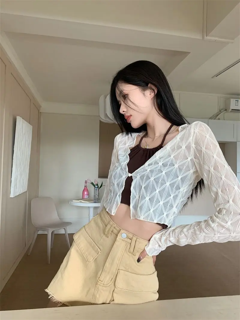 Summer Thin Sun-proof Cardigans Women Crochet Midriff-baring Tops Short Leisure All-match Y2k Korean Style Daily Slim Fashion