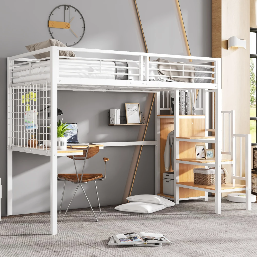 Eisenbett, Etagenbett, geeignet für Kinder und Jugendliche, mit Tisch und Kleiderschrank, Seitenleiter mit Handlauf, Eisen + Spanplatte, 90 x 200 cm – Detail 15