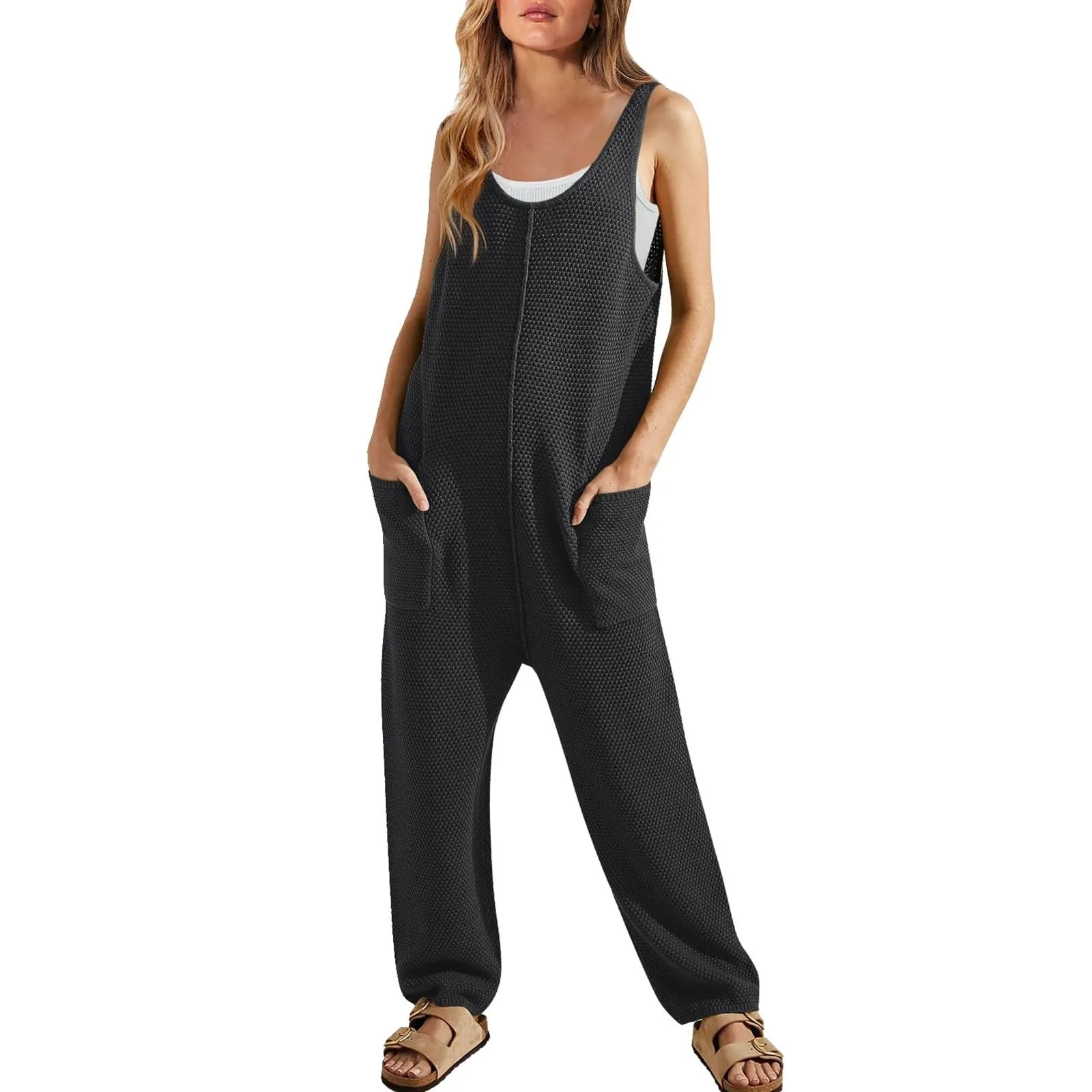 

Womens Casual Jumpsuits With Pockets Sleeveless Tank Top Jumpsuit Long Rompers macacão feminino enterizos para mujeres 점프슈트