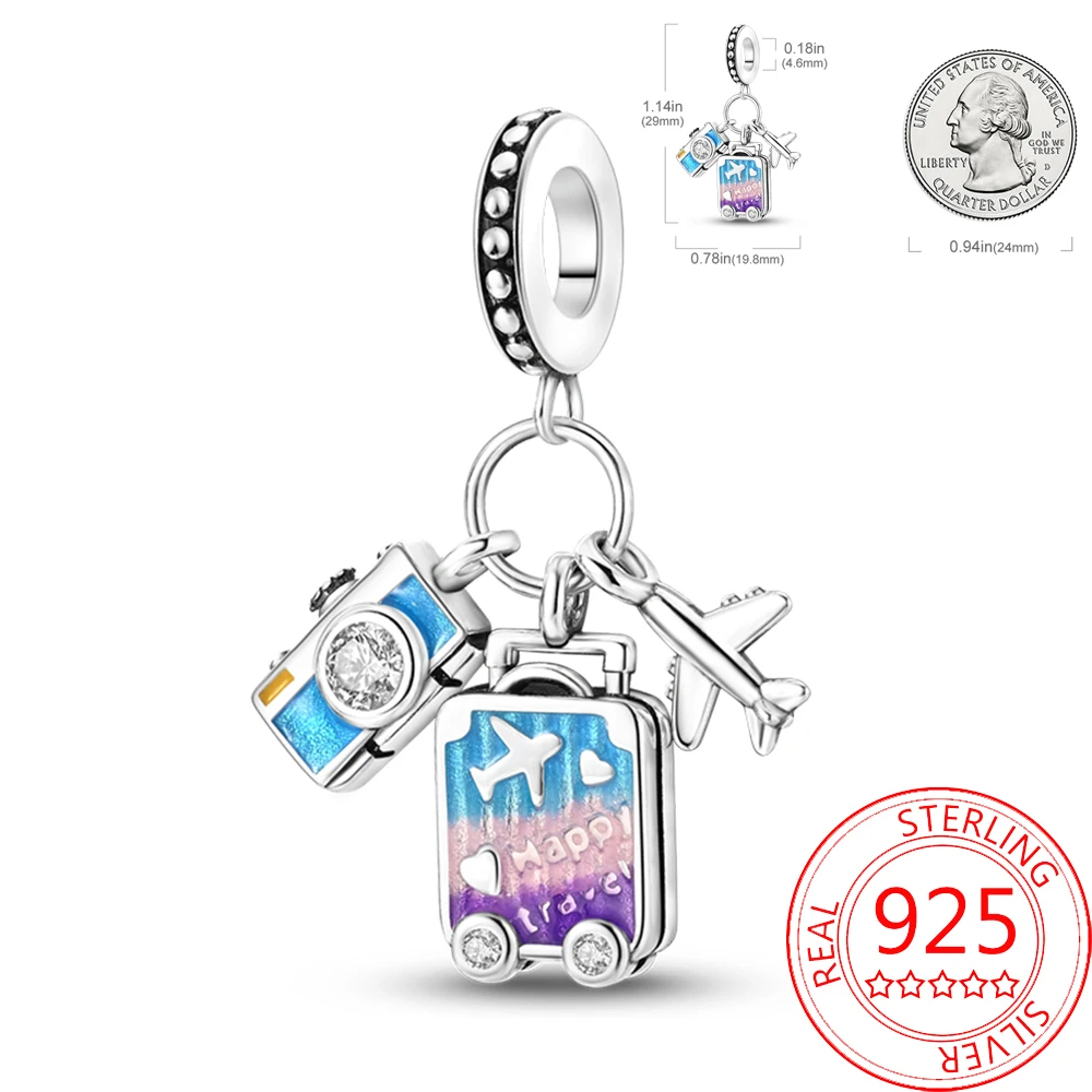 

Original 925 Sterling Silver Camera Travel Case Aircraft Multi Layered Colorful Pendant Fit Pandora Bracelet Decorative Gifts