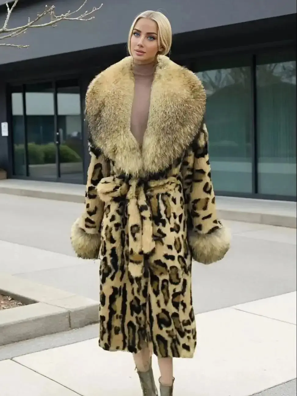 Leopard Print Real Rabbit Fur Coat for Women Long Thickened Warm One-Piece Autumn Winter Fashion with Fox Fur Collar