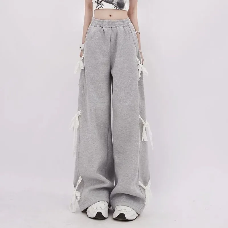 Women's Baggy Pants Spring Autumn Vintage Large Size Lace Lace Bow Tie Straps Design High Waisted Casual Wide-legged Pants