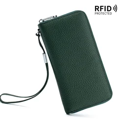 Luxury Genuine Leather RFID Wallet for Women - Elegant Long Zipper Handbag and Cardholder Purse (GREEN)