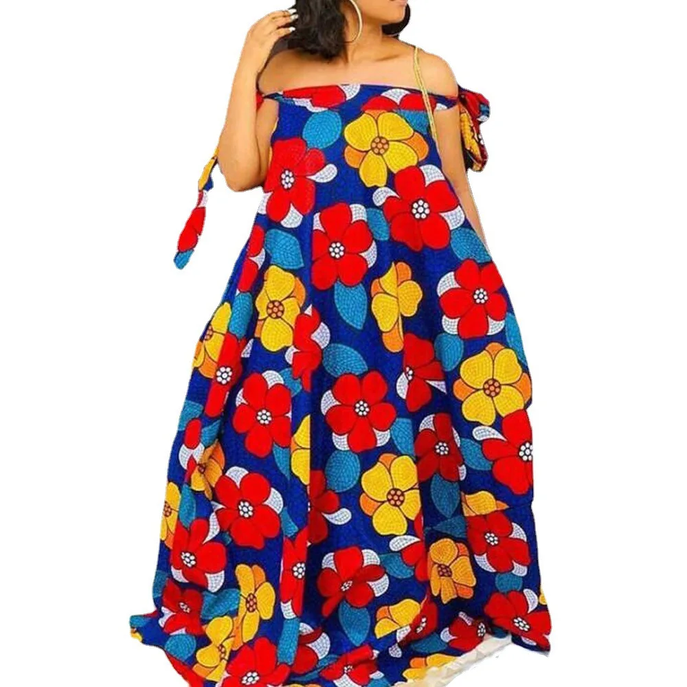 Summer New Sexy Loose Mopping Dress 2022 Printed Off Shoulder Sleeveless Long Beach Dress Fashion Ladies Robe African Clothing