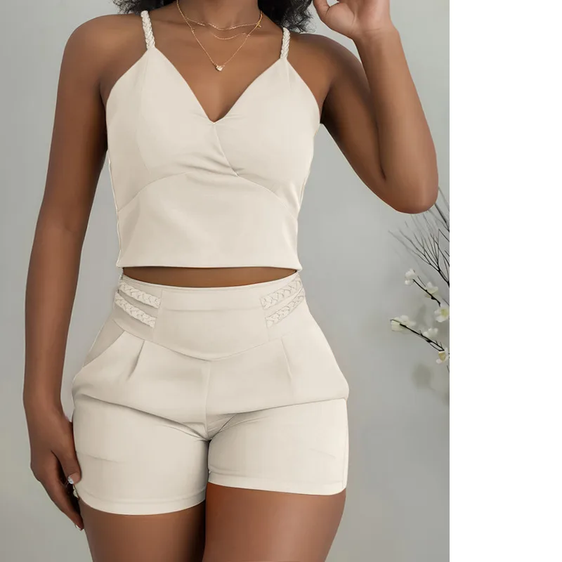 European and  Women's Dress Hemp Halter Top  Shorts Suit Fashion Sexy Slim Spice Girl  Halter Shorts  Ladies Suit  Dating Suit