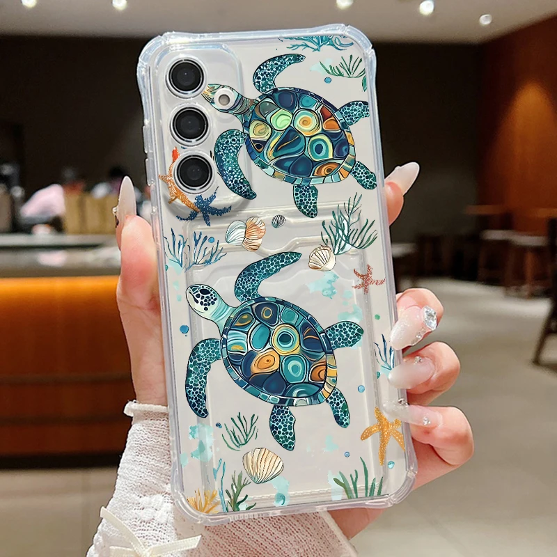 Sea Turtle Pattern Clear Card Holder Wallet Phone Case